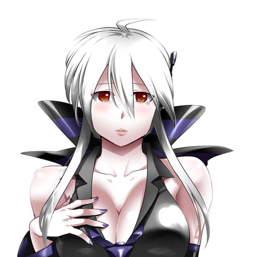 breasts caffein cleavage headphones highres image_sample large_breasts lips long_hair md5_mismatch necktie pixiv_sample ponytail red_eyes silver_hair simple_background smile solo tears vocaloid yowane_haku