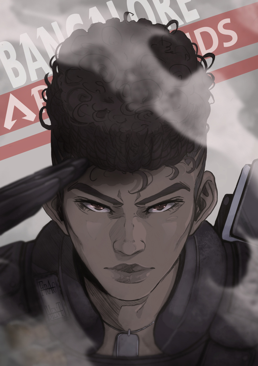1girl absurdres apex_legends bangalore_(apex_legends) black_gloves brown_eyes brown_hair character_name dark-skinned_female dark_skin dog_tags english_commentary gloves highres ifragmentix jewelry looking_at_viewer necklace portrait short_hair smoke solo v-shaped_eyebrows