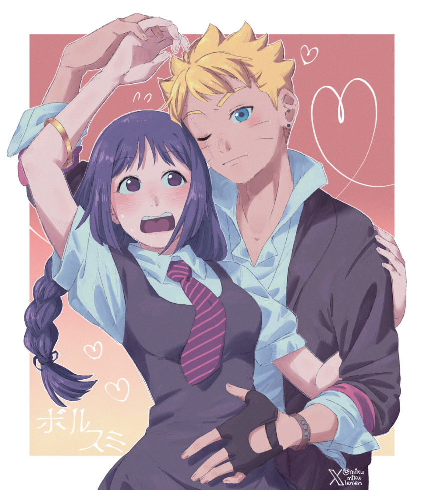 1boy 1girl ariamikukanzaki black_dress black_jacket blonde_hair blue_eyes blush boruto:_two_blue_vortex bracelet braid breasts commentary diagonal-striped_clothes diagonal-striped_necktie dress earrings facial_mark fingerless_gloves gloves heart hetero highres jacket jewelry kakei_sumire low_twin_braids medium_breasts naruto_(series) necktie one_eye_closed open_mouth purple_eyes purple_hair scar scar_across_eye striped_clothes stud_earrings sweat twin_braids twitter_username uzumaki_boruto whisker_markings