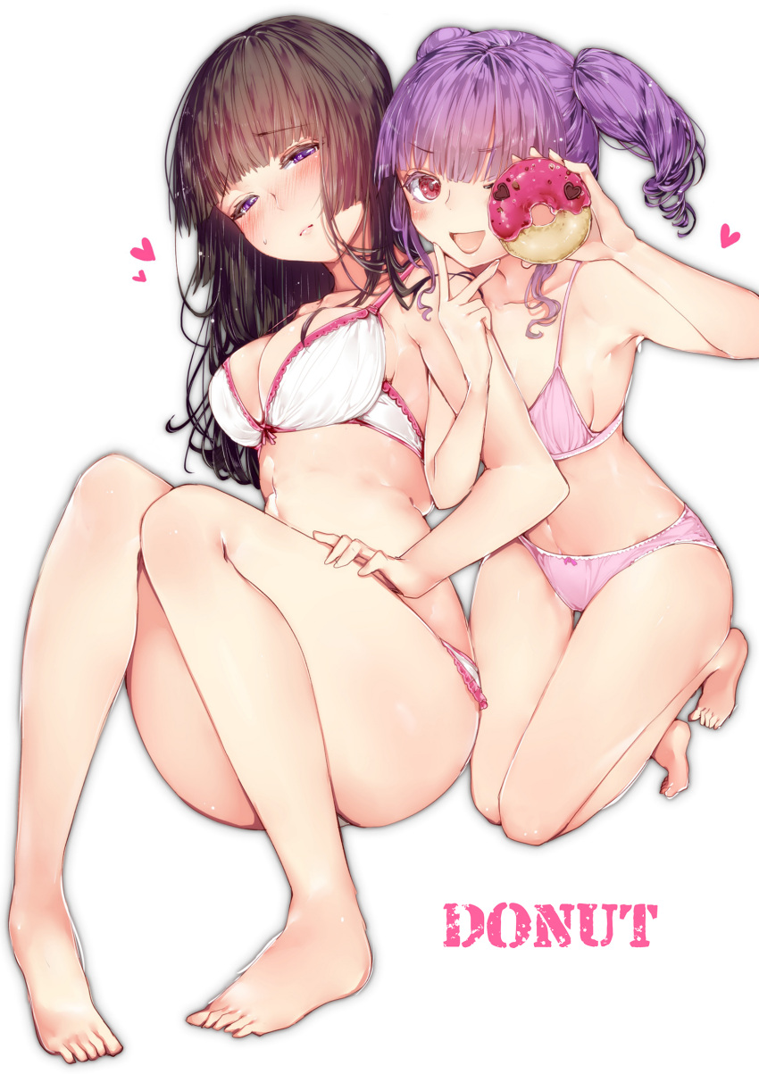 2girls ;d bang_dream! bare_legs barefoot black_hair blunt_bangs blush bow bow_panties bra breasts brown_hair character_request cleavage doughnut drill_hair english_text food full_body heart highres holding holding_food knees_together_feet_apart large_breasts locked_arms long_hair looking_at_viewer medium_breasts momonipu multiple_girls navel non-web_source one_eye_closed open_mouth panties pink_bra pink_panties purple_eyes purple_hair red_eyes simple_background smile twintails underwear underwear_only white_background white_bra white_panties