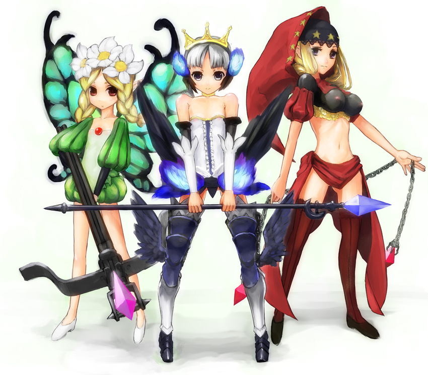 armor armored_dress bare_shoulders blonde_hair bow_(weapon) braid breasts butterfly_wings crossbow dress fairy flower gasketsu gwendolyn hair_flower hair_ornament highres medium_breasts mercedes midriff multiple_girls navel nipples odin_sphere pointy_ears polearm puff_and_slash_sleeves puffy_sleeves purple_eyes red_eyes see-through spear strapless strapless_dress thighhighs twin_braids valkyrie velvet_(odin_sphere) weapon white_background white_hair wings