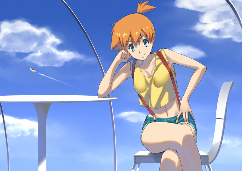 arm_support bad_id bad_pixiv_id blue_eyes breasts cleavage cloud crossed_legs day dragon dragonite gen_1_pokemon gonoike_biwa kasumi_(pokemon) medium_breasts midriff navel orange_hair outdoors pokemon pokemon_(anime) pokemon_(classic_anime) pokemon_(creature) short_shorts shorts side_ponytail sitting sky suspenders wataru_(pokemon)