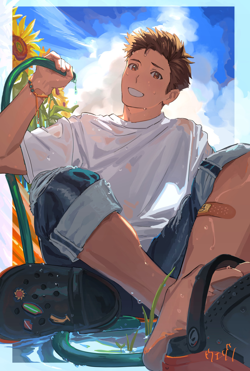 1boy absurdres bandaid bandaid_on_leg black_footwear blue_sky bracelet brown_eyes brown_hair crocs crossed_legs denim flower full_body hair_slicked_back happy highres idolmaster idolmaster_side-m jeans jewelry kimura_ryu light light_frown looking_at_viewer male_focus on_ground pants pants_rolled_up shirt sitting sky smile sunflower sweatdrop t-shirt tan teeth torn_clothes torn_jeans torn_pants tube uezono_(mms) water water_drop water_pipe wet wet_clothes wet_shirt white_shirt