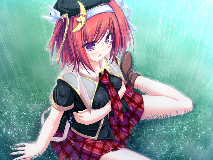 blush game_cg grass hat rain redhead seifuku skirt suzukaze_no_melt tenmaso tsubaki_nazuna violet_eyes wet whirlpool