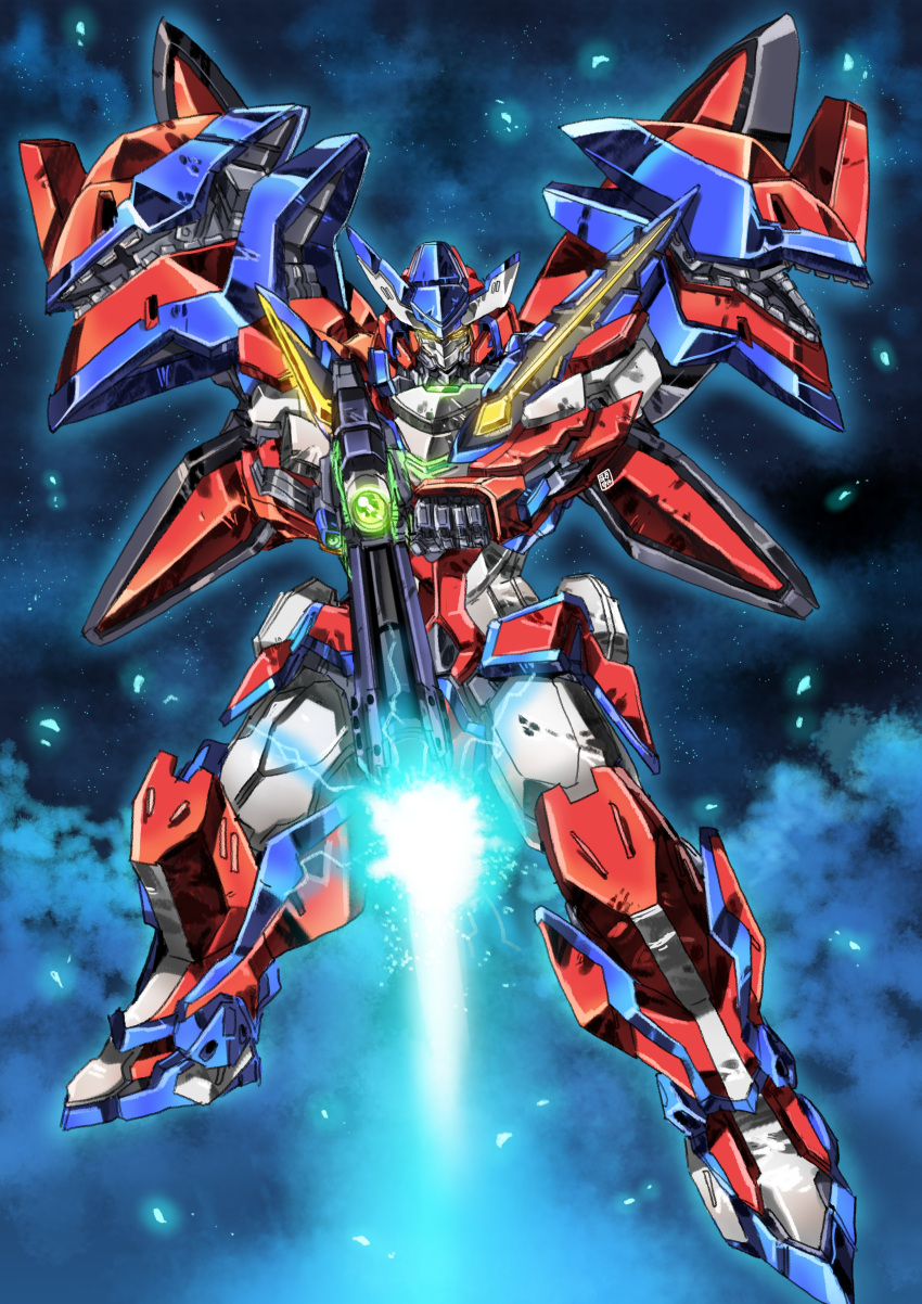 absurdres energy_gun firing garimpeiro glowing glowing_eyes gun highres holding holding_gun holding_weapon mecha mecha_focus merafdin orange_eyes robot science_fiction solo space star_(sky) super_robot_wars super_robot_wars_dd weapon