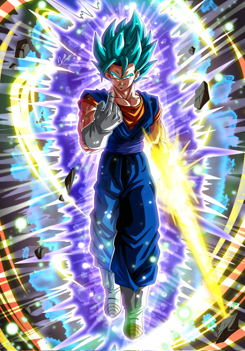 1boy aura blue_eyes blue_hair blue_pants blue_sash blue_shirt debris dragon_ball dragon_ball_super earrings energy_sword gloves highres jewelry orange_shirt pants potara_earrings sash sekitsuki_hayato shirt short_sleeves sleeveless sleeveless_shirt smirk solo super_saiyan super_saiyan_blue sword vegetto weapon white_gloves