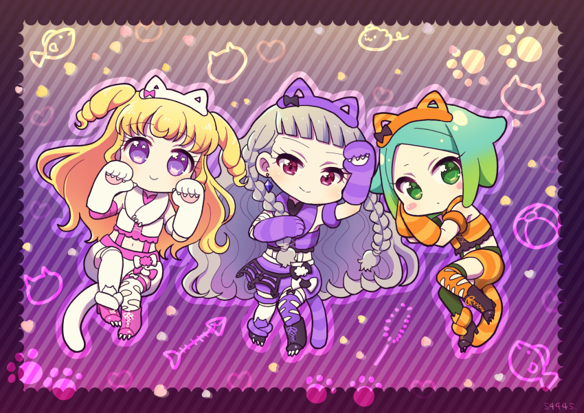 3girls animal_ear_hairband animal_ears animal_hands arm_up blonde_hair blue_hair blunt_bangs border braid cat_ear_hairband cat_ears cat_tail chibi closed_mouth commentary_request fake_animal_ears gloves gradient_hair green_eyes green_hair grey_hair hairband halloween_costume hands_up highres idol_time_pripara koda_michiru koyoshi_yoko long_hair looking_at_viewer midriff miichiru_(pripara) multicolored_hair multiple_girls nijiiro_nino orange_shirt orange_shorts paw_gloves paw_pose paw_shoes pretty_series pripara purple_eyes purple_gloves purple_scarf purple_shirt purple_shorts red_eyes scarf shirt short_hair shorts smile striped_background swept_bangs tail twin_braids two_side_up very_long_hair wavy_hair white_scarf white_shirt white_shorts yumekawa_yui