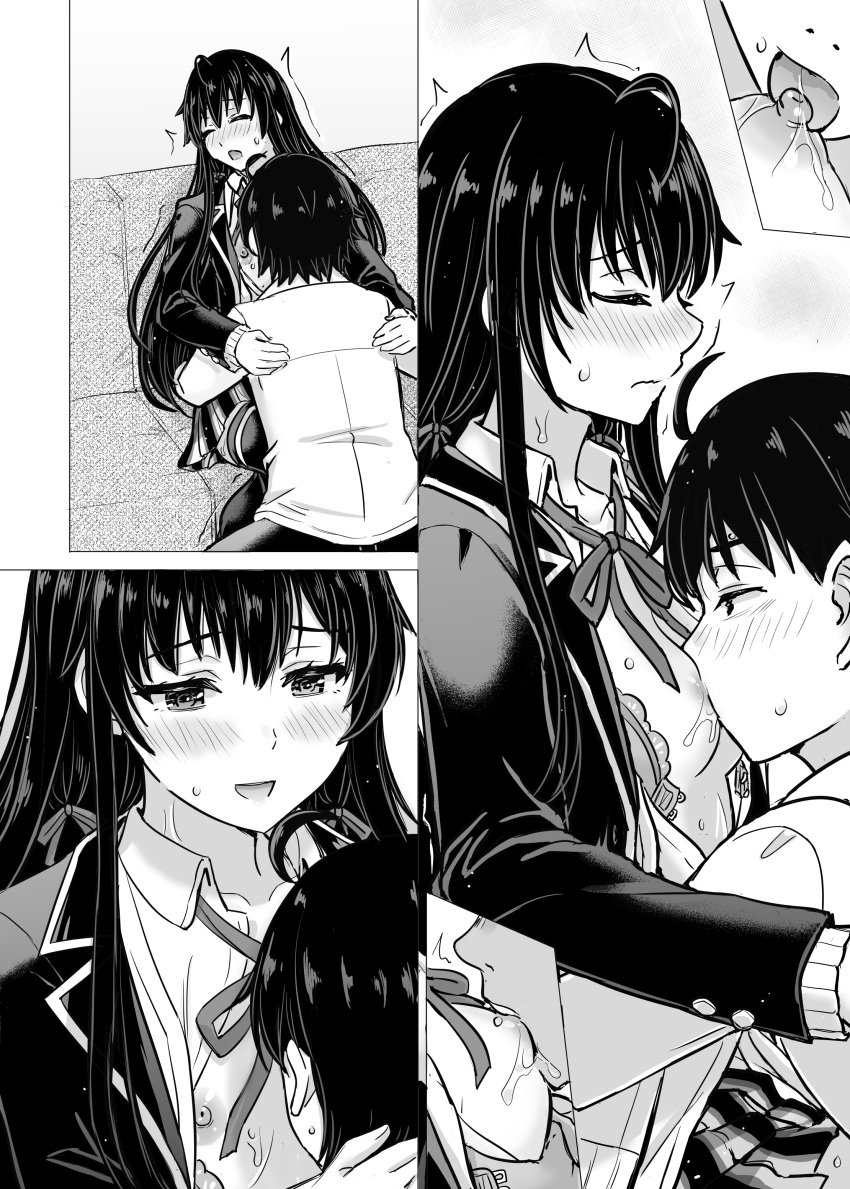 1boy 1girl absurdres blazer blush bra breast_sucking breasts front-hook_bra greyscale hair_ribbon highres hikigaya_hachiman inanaki_shiki jacket long_hair monochrome multiple_views neck_ribbon nipples open_bra open_clothes open_jacket open_shirt plaid plaid_skirt ribbon school_uniform shirt short_hair skirt small_breasts sobu_high_school_uniform thighhighs underwear white_shirt yahari_ore_no_seishun_lovecome_wa_machigatteiru. yukinoshita_yukino