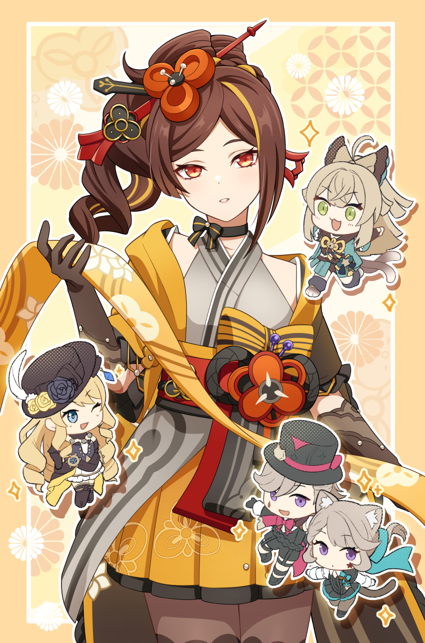 1boy 4girls absurdres animal_ears blonde_hair blue_eyes brown_eyes brown_gloves brown_hair cat_ears cat_tail chiori_(genshin_impact) commentary_request drill_hair genshin_impact gloves green_eyes grey_kimono hair_ornament hat highres itsumiruka japanese_clothes kimono kirara_(genshin_impact) long_hair looking_at_viewer lynette_(genshin_impact) lyney_(genshin_impact) multicolored_hair multiple_girls navia_(genshin_impact) pantyhose purple_eyes red_eyes skirt tail top_hat yellow_skirt