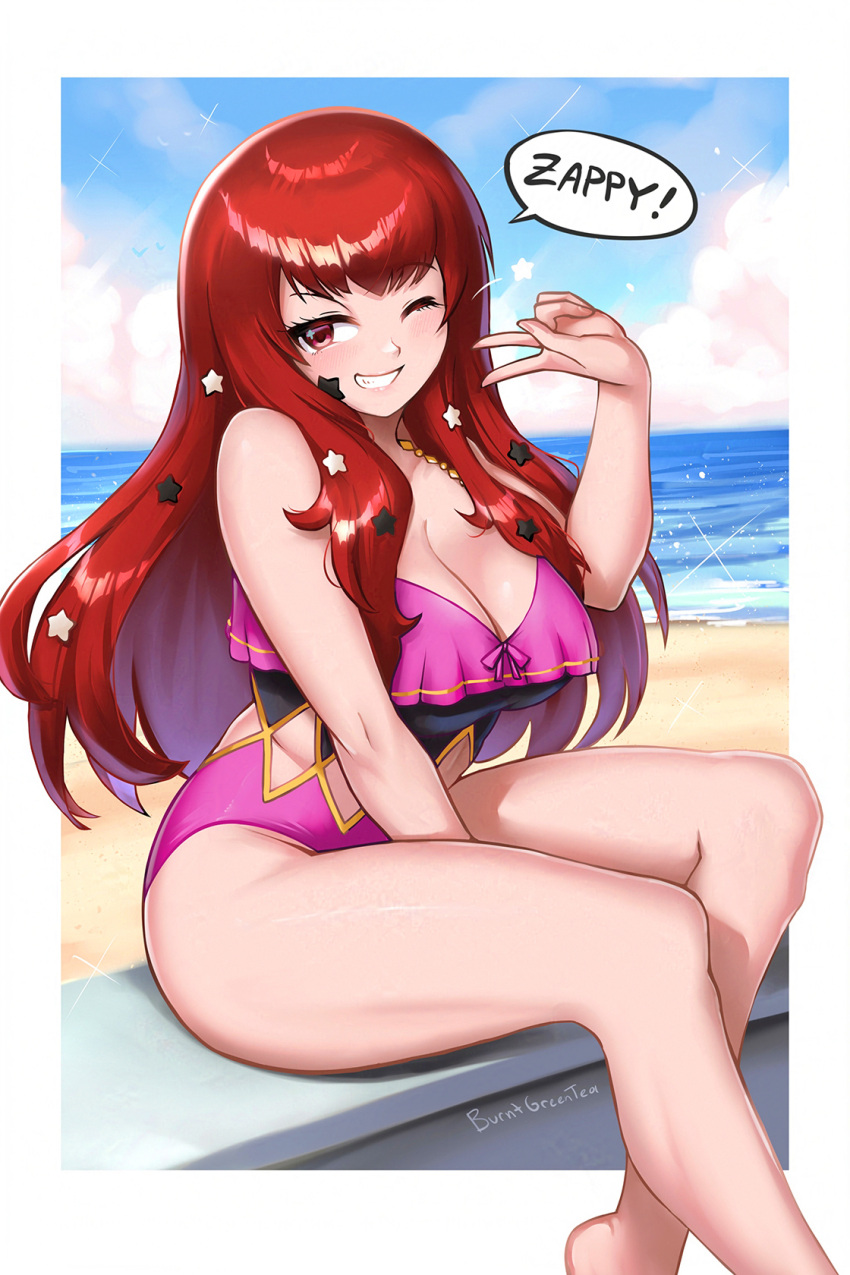 1girl alternate_costume blush breasts burnt_green_tea cleavage clothing_cutout facial_mark fire_emblem fire_emblem_engage hair_ornament highres large_breasts long_hair looking_at_viewer one-piece_swimsuit one_eye_closed outdoors pink_one-piece_swimsuit red_eyes red_hair sitting smile solo star_(symbol) star_facial_mark star_hair_ornament swimsuit thighs yunaka_(fire_emblem)