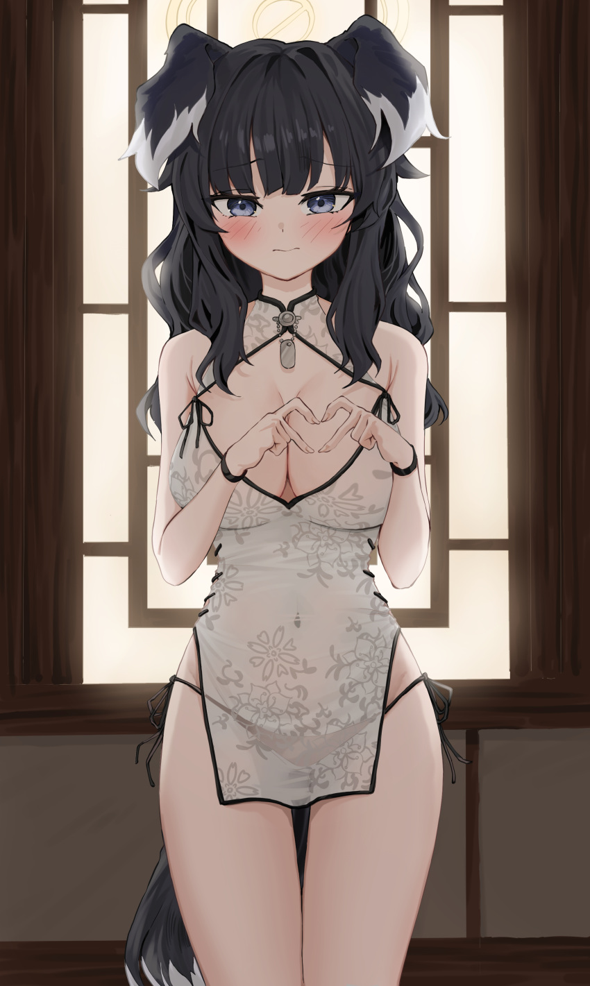 1girl absurdres alternate_costume animal_ears bare_arms bare_shoulders black_hair black_panties blue_archive blue_eyes blush breasts china_dress chinese_clothes cleavage cleavage_cutout closed_mouth clothing_cutout covered_navel cowboy_shot dog_ears dog_girl dog_tail dress halo hibiki_(blue_archive) highres indoors jeon_(user_ywaw3774) large_breasts long_hair looking_at_viewer panties pelvic_curtain see-through side-tie_panties sleeveless sleeveless_dress solo standing tail underwear window yellow_halo