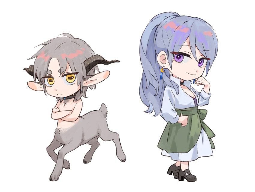 2girls androgynous animal_ears black_collar black_footwear centauroid chibi closed_mouth collar commentary_request crossed_arms feneculiu full_body goat_ears goat_girl goat_horns goat_tail grey_fur grey_hair hand_up highres hooves horns long_hair long_sleeves looking_at_viewer low_horns medium_hair monster_girl multiple_girls original ponytail purple_eyes purple_hair short_eyebrows simple_background smile standing taur white_background