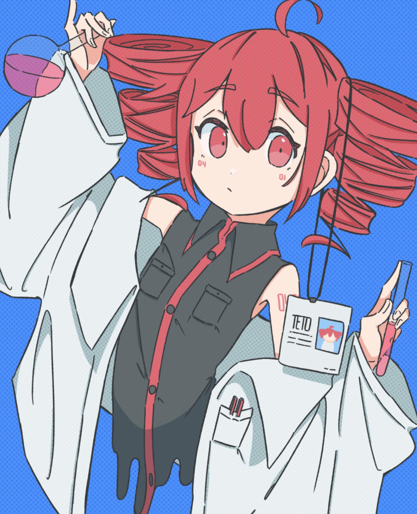 1girl ahoge arm_up bare_shoulders black_shirt blue_background body_writing breast_pocket buttons closed_mouth coat collared_shirt cropped_torso drill_hair facial_mark flask flat_chest hair_between_eyes highres holding holding_flask holding_test_tube id_card igaku_(utau) kasane_teto lab_coat long_sleeves looking_at_viewer nunono_negi off_shoulder open_clothes open_coat pocket red_eyes red_hair round-bottom_flask shirt sleeveless sleeveless_shirt solo test_tube twin_drills upper_body utau white_coat