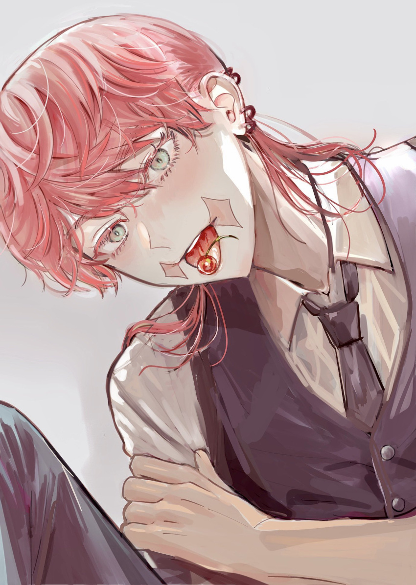 1boy cherry close-up ear_piercing food from_below fruit green_eyes highres necktie piercing pink_hair sanzu_haruchiyo scar scar_on_face suit tokyo_revengers tongue tongue_out wolf_cut