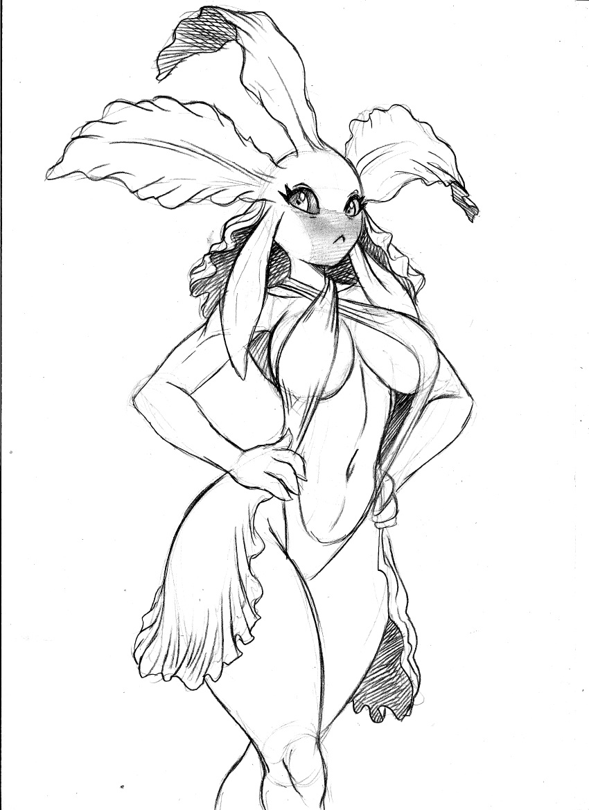 2024 angry anthro black_and_white breasts chochi clothed clothing dark_sclera elemental_creature female flora_fauna graphite_(artwork) hands_on_hips hi_res looking_at_viewer midriff monochrome pencil_(artwork) plant plant_hair pseudo_hair sketch skimpy solo traditional_media_(artwork) under_boob wide_hips