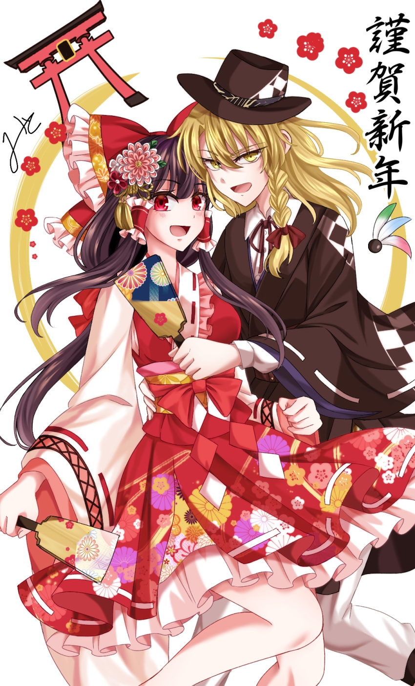 2girls alternate_costume alternate_headwear blonde_hair blush bow breasts brown_hair brown_hat brown_ribbon clothing_request collared_shirt commentary_request floral_print flower frilled_bow frilled_hair_tubes frilled_skirt frills hagoita hair_bow hair_flower hair_ornament hair_tubes hakurei_reimu hane_(hanetsuki) happy_new_year hat highres holding holding_paddle kanzashi kirisame_marisa long_hair long_sleeves looking_at_viewer medium_breasts mito_(fate) multiple_girls neck_ribbon open_mouth paddle pants print_skirt red_bow red_eyes red_skirt ribbon ribbon-trimmed_skirt ribbon_trim shirt signature skirt smile torii touhou translation_request tsumami_kanzashi white_pants white_shirt yellow_eyes