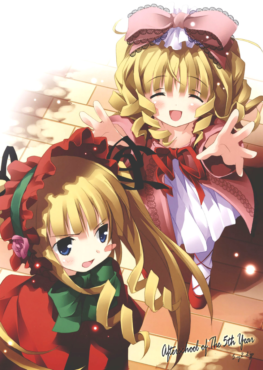 :d artist_request blonde_hair blue_eyes blush_stickers bow closed_eyes drill_hair hair_bow headdress highres hina_ichigo long_hair multiple_girls open_mouth pink_bow rozen_maiden shinku smile twin_drills twintails