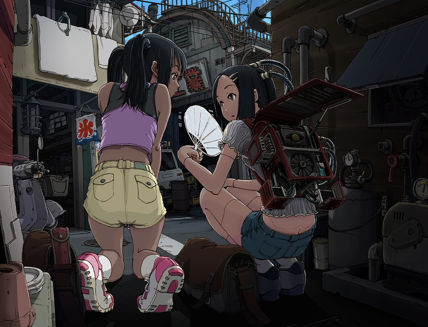 android backpack bag black_eyes black_hair blouse cable drum_(container) duffel_bag fan fanning flower_pot from_behind gas_cylinder grey_eyes ground_vehicle hair_ornament hairclip heat_sink hot kneeling kooribata lantern laundry manhole manhole_cover mecha_musume midriff motor_vehicle multiple_girls original otacool4 paper_fan pipe power_lines radio_antenna railing randoseru robot_joints scooter shoes shorts sidelocks sneakers socks squatting stairs sukabu tan tank_top twintails uchiwa white_blouse
