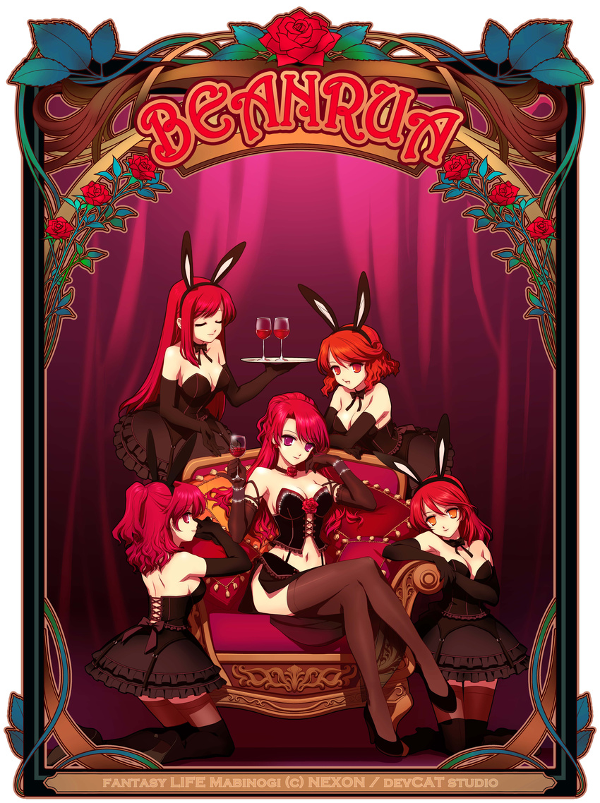 absurdres alcohol animal_ears artbook artist_request breasts bunny_ears choker cleavage corset elbow_gloves flower gloves high_heels highres jpeg_artifacts kneeling legs lolita_fashion long_hair mabinogi medium_breasts multiple_girls navel orange_eyes pink_eyes ponytail red_eyes red_flower red_hair red_rose rose rua shoes short_hair sitting skirt thighhighs wine zettai_ryouiki