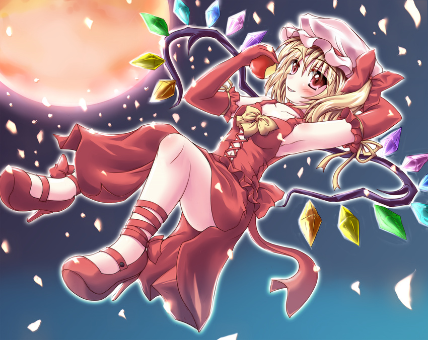 apple armpits blonde_hair dress elbow_gloves fang flandre_scarlet food fruit gloves highres hiiragi_tomoka holding holding_food holding_fruit moon red_eyes solo touhou wings