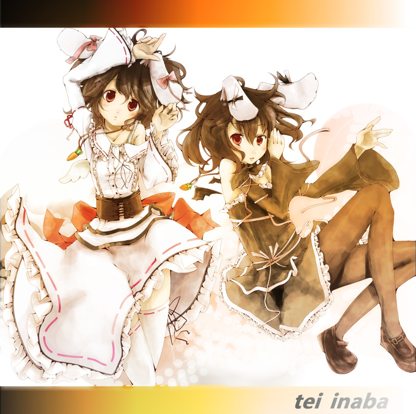 angel_wings animal_ears bad_id bad_pixiv_id bare_shoulders bat_wings black_hair black_legwear bow bra_strap bunny_ears carrot carrot_necklace colorized dress dual_persona hadurin_(zdmzy) highres inaba_tewi jewelry lying mary_janes multiple_girls necklace off_shoulder pendant red_eyes ribbon shoes short_hair sugiyuu thighhighs touhou white_legwear wings