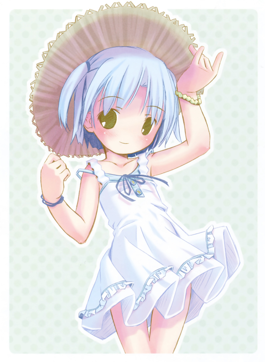 absurdres blue_hair bracelet cowboy_shot dress hat highres jewelry light_blue_hair looking_at_viewer original polka_dot pop short_hair skirt smile solo strap_slip straw_hat sun_hat two_side_up younger