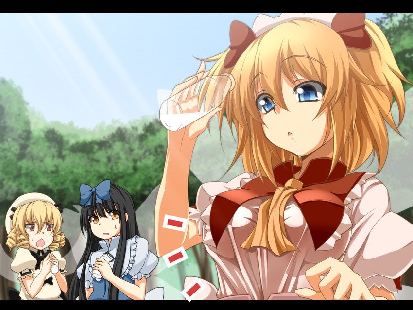 :&lt; alternate_breast_size black_hair blonde_hair bottle breast_envy breast_expansion breasts chestnut_mouth drill_hair drinking hat highres kamo_(yokaze) large_breasts letterboxed long_hair looking_at_breasts luna_child milk multiple_girls older short_hair star_sapphire sunny_milk touhou wings