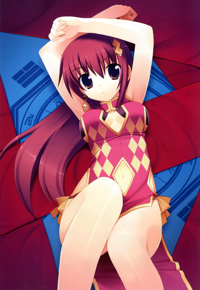 :&lt; absurdres arms_up breasts china_dress chinese_clothes daita_shouko dress earrings hidamari_basket highres jewelry kiba_satoshi large_breasts long_hair lying navel on_back red_hair solo