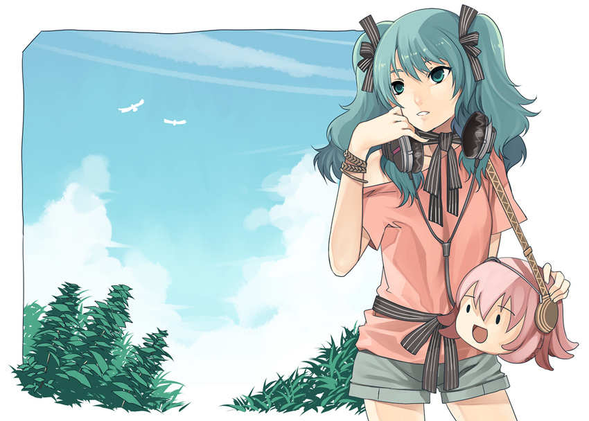 aqua_hair belt cloud day grass green_eyes hair_ribbon hatsune_miku headphones megurine_luka mizuryuu_kei ribbon sky solo takoluka vocaloid