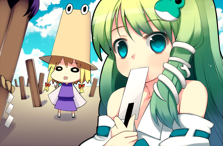 akino_sora chibi covering_mouth face hat kochiya_sanae moriya_suwako multiple_girls o_o objectification onbashira parody pyonta snake touhou