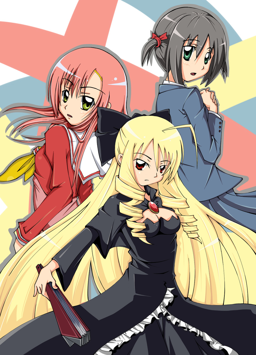 blonde_hair dress drill_hair green_eyes grey_hair hayate_no_gotoku! highres hiroshi_(manjia_li) katsura_hinagiku long_hair multiple_girls nishizawa_ayumu pink_hair red_eyes school_uniform serafuku short_hair tennousu_athena twintails yellow_eyes