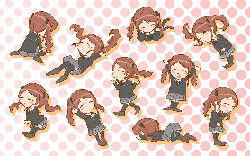 :&lt; :x =_= ^_^ akito_(akitotika) amagami blush_stickers brown_hair chibi clone closed_eyes highres kibito_high_school_uniform long_hair nakata_sae polka_dot polka_dot_background school_uniform thighhighs wallpaper