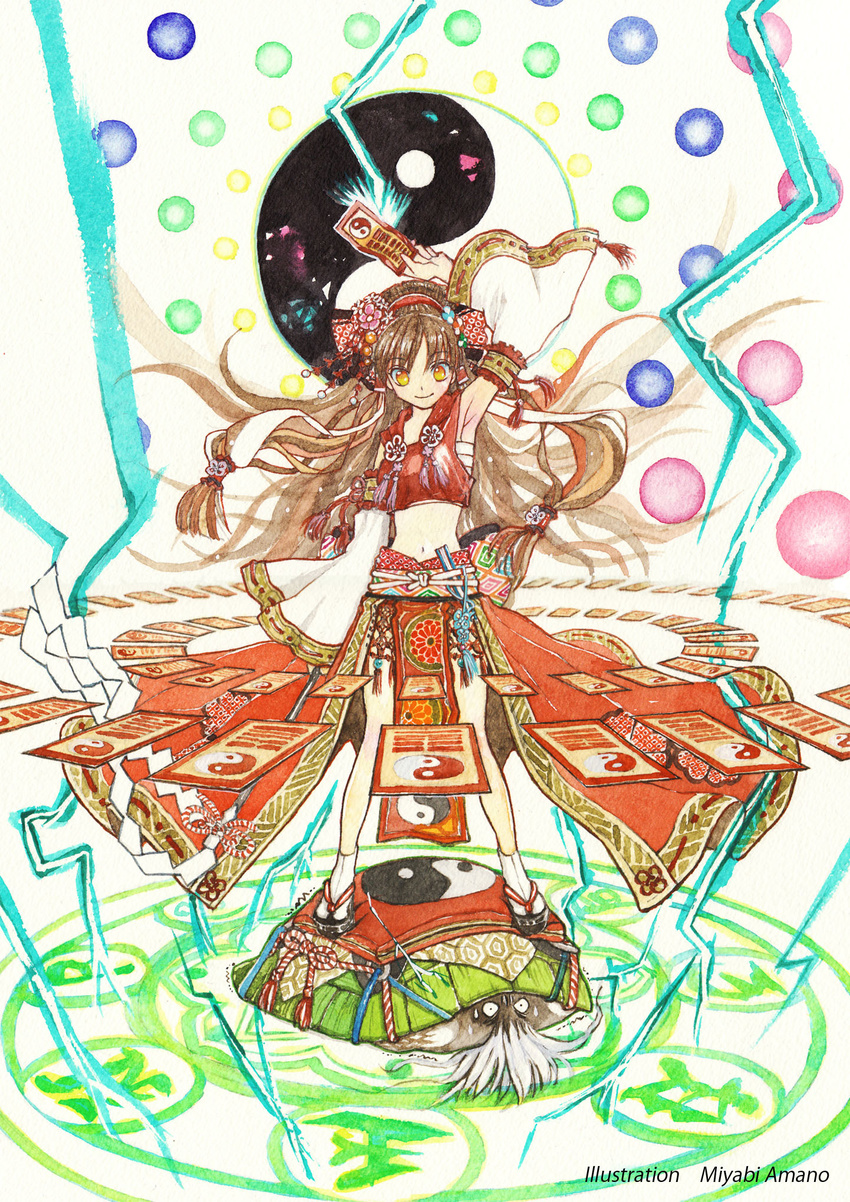 adapted_costume amano_miyabi armpits bow brown_hair colorful danmaku detached_sleeves embellished_costume genjii graphite_(medium) hair_bow hair_ornament hakurei_reimu highres long_hair magic_circle midriff navel ofuda orange_eyes smile solo tabi touhou touhou_(pc-98) traditional_media turtle watercolor_(medium) yin_yang