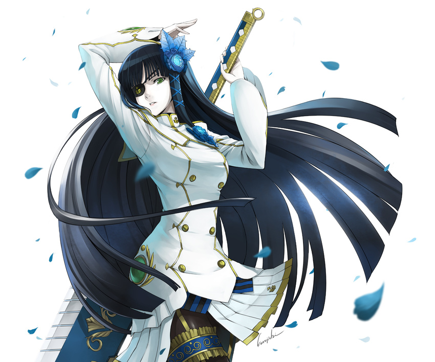 bad_id bad_pixiv_id black_hair blurry depth_of_field eyepatch garters green_eyes hair_ornament huge_weapon kurojishi long_hair looking_at_viewer nagisa_(psp2i) pantyhose petals phantasy_star phantasy_star_portable phantasy_star_portable_2 phantasy_star_portable_2_infinity skirt solo uniform very_long_hair weapon