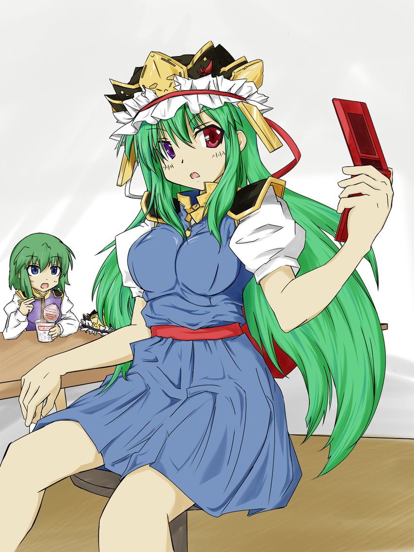 blue_eyes cellphone cup_ramen eating food green_hair hat hat_removed headwear_removed heterochromia highres long_hair multiple_girls noodles original phone shiki_eika shiki_eiki short_hair sitting tokko_ripua touhou