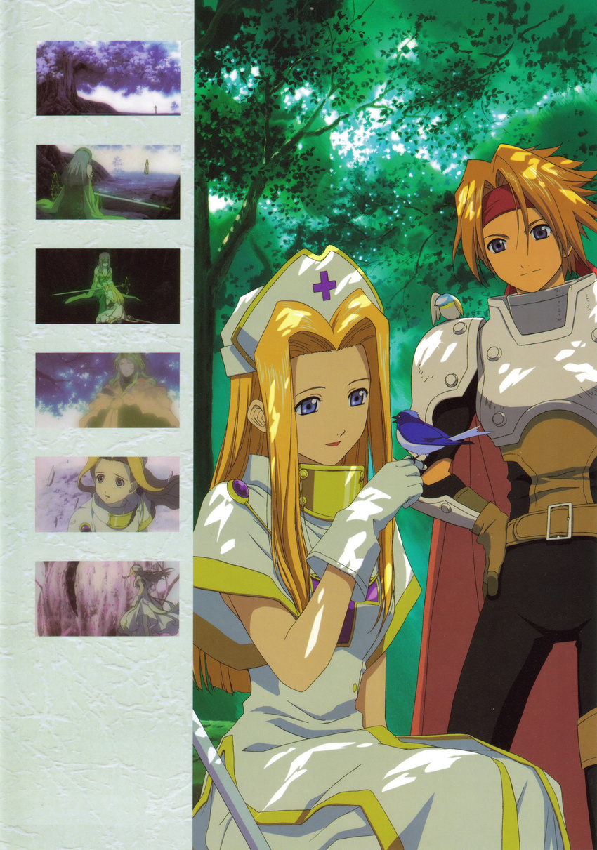 1girl absurdres animal animal_on_shoulder armor artbook bird bird_on_hand bird_on_shoulder blonde_hair blue_eyes cape cless_alvein day dhaos_(tales) forest gloves hat headband highres martel_(tales_of_phantasia) mint_adenade nature outdoors purple_hair red_cape scan screencap staff tales_of_(series) tales_of_phantasia tree