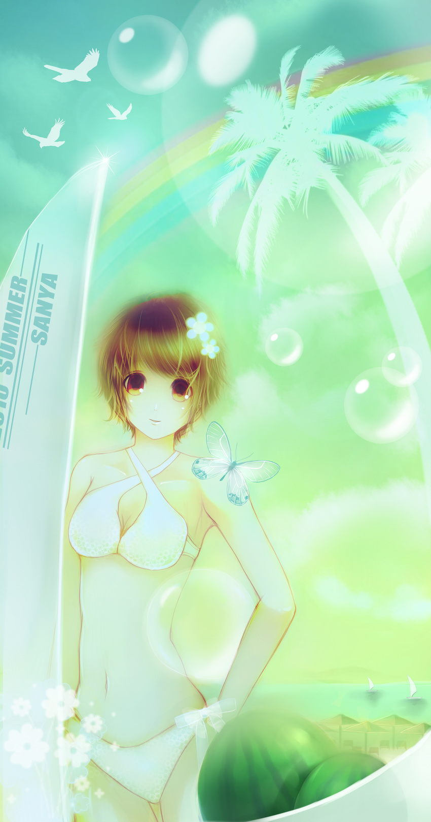 absurdres bad_id bad_pixiv_id bikini brown_eyes brown_hair bubble bug butterfly food fruit highres insect original rainbow short_hair solo surfboard swimsuit watermelon xianguang