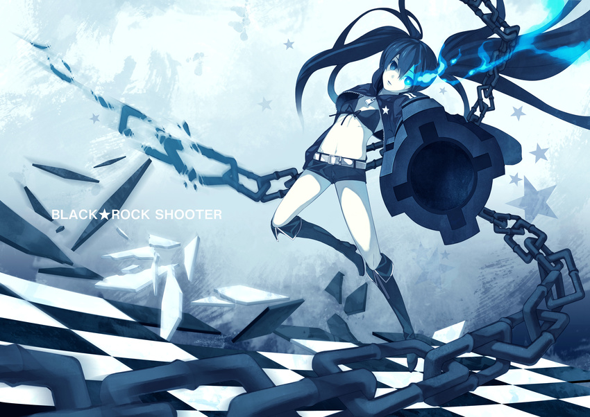 absurdres arm_cannon belt bikini_top black_hair black_rock_shooter black_rock_shooter_(character) blue_eyes boots burning_eye chain checkered checkered_floor coat foreshortening front-tie_top highres long_hair midriff navel pale_skin perspective scar shiranagi_masa shorts solo twintails very_long_hair weapon