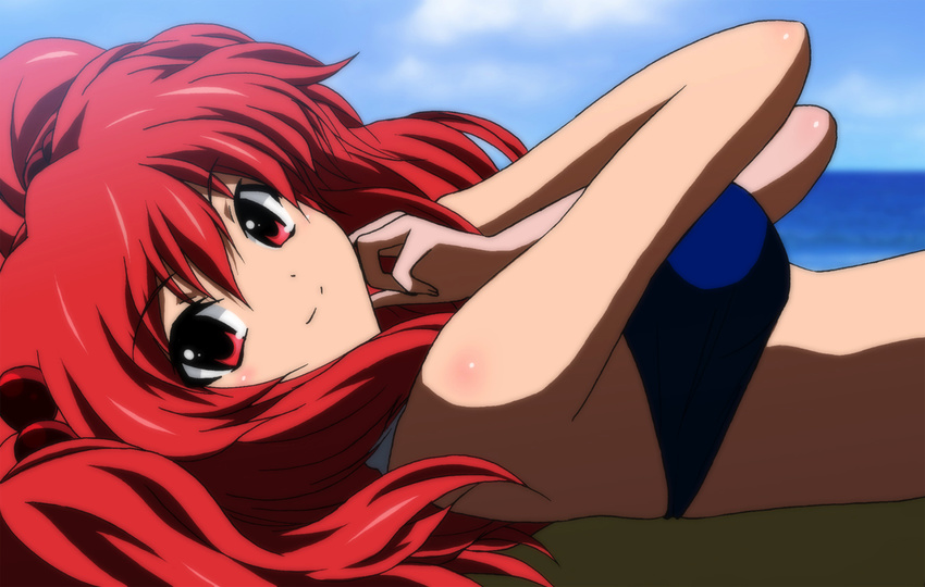 bikini onozuka_komachi red_eyes red_hair short_hair smile solo swimsuit touhou two_side_up yadokari_genpachirou