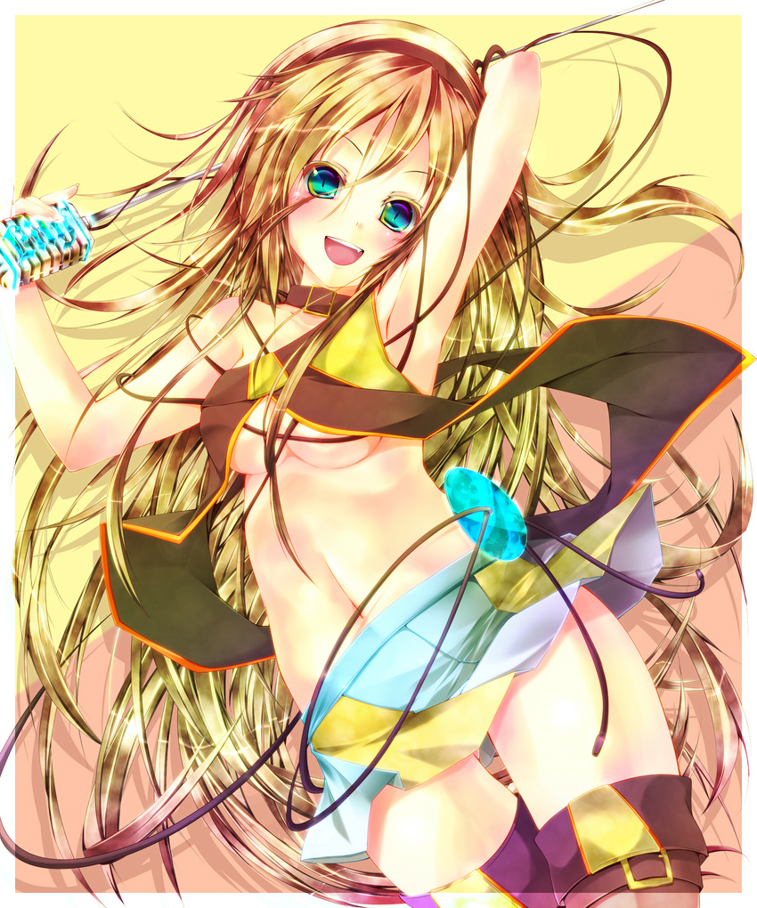 aqua_eyes blonde_hair boots breasts cable cd collar entangled highres lily_(vocaloid) long_hair medium_breasts microphone microphone_stand midriff miniskirt navel nironiro skirt smile solo thigh_boots thighhighs underboob very_long_hair vocaloid zettai_ryouiki