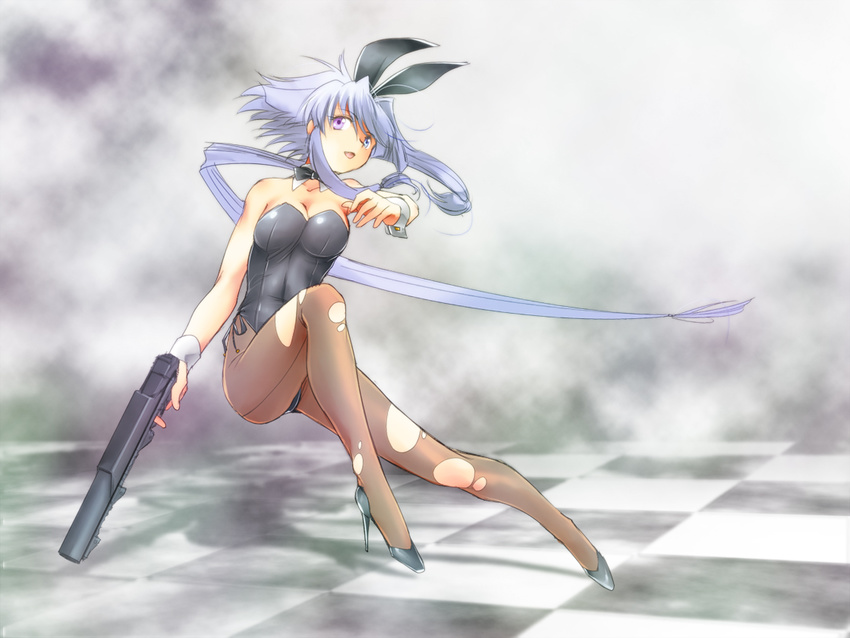 animal_ears back-seamed_legwear bare_shoulders breasts bunny_ears bunnysuit checkered checkered_floor cleavage gun heterochromia high_heels lavolpe_(yagisaka_seto) legs long_hair medium_breasts original pantyhose ponytail purple_eyes seamed_legwear shoes sidelocks silver_hair solo torn_clothes torn_legwear very_long_hair weapon yagisaka_seto