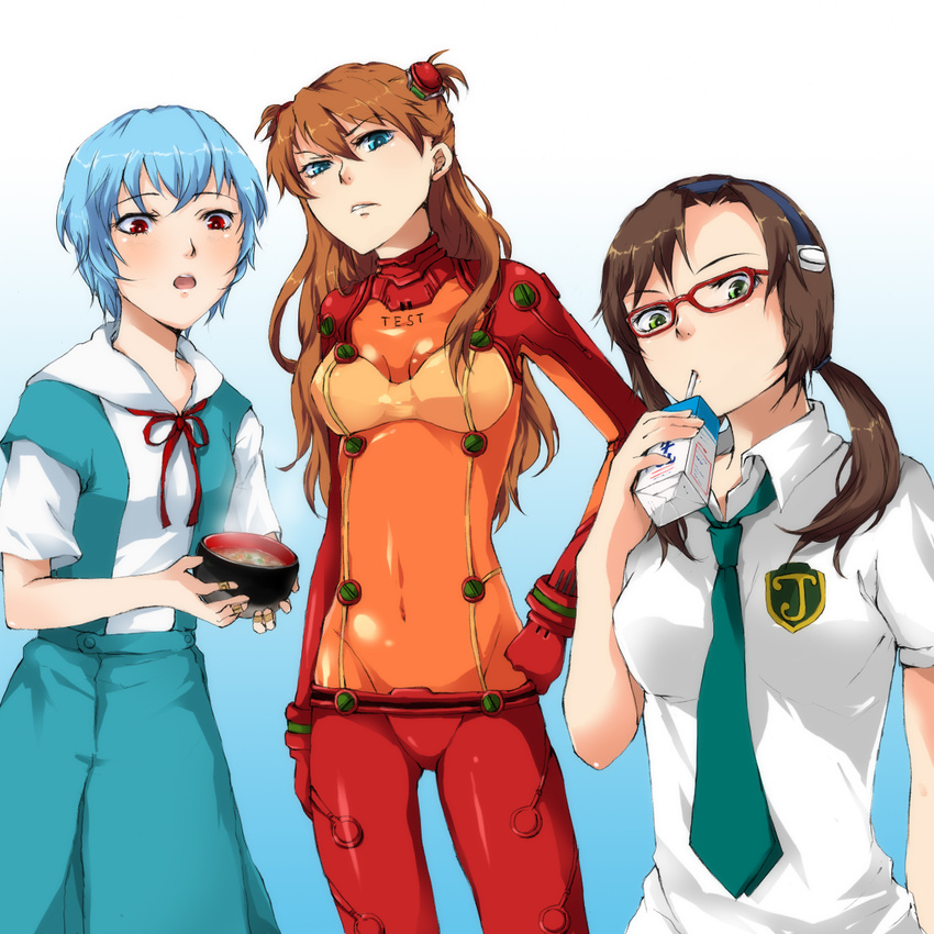 ayanami_rei bad_id bad_pixiv_id bandaid blue_eyes blue_hair blush bodysuit bowl brown_hair drink drinking evangelion:_2.0_you_can_(not)_advance food glasses green_eyes hairband hand_on_hip long_hair makinami_mari_illustrious multicolored multicolored_bodysuit multicolored_clothes multiple_girls necktie neon_genesis_evangelion open_mouth orange_bodysuit plugsuit rebuild_of_evangelion red_bodysuit red_eyes ribbon school_uniform shikinami_asuka_langley short_hair souryuu_asuka_langley test_plugsuit tottsuan twintails