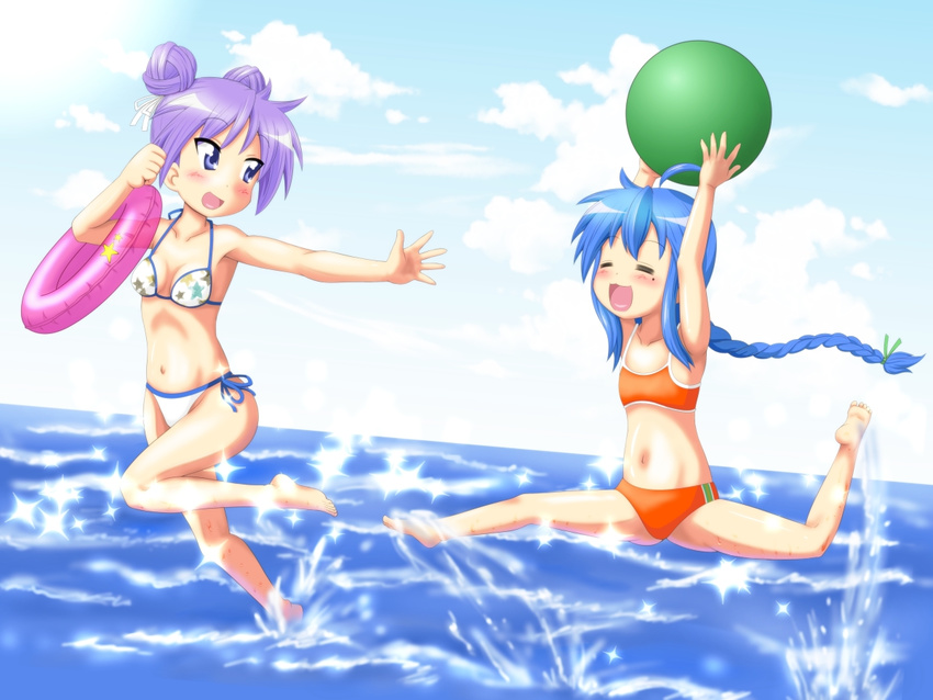 =_= ahoge alternate_hairstyle anison armpits arms_up bad_anatomy ball barefoot beachball bikini blue_eyes blue_hair braid chasing closed_eyes cloud collarbone day double_bun flat_chest groin hair_ribbon hiiragi_kagami innertube izumi_konata long_hair lucky_star mole mole_under_eye multiple_girls navel ocean outdoors purple_hair ribbon running side-tie_bikini single_braid sky smile splashing star swimsuit tsurime very_long_hair wading walking walking_on_liquid water yuri