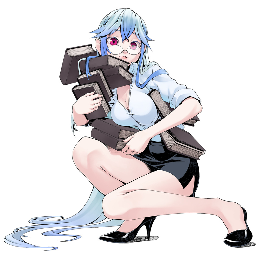 alternate_costume bad_id bad_pixiv_id bespectacled book breasts cleavage glasses high_heels highres kamishirasawa_keine large_breasts legs lips long_hair pencil_skirt red_eyes shoes skirt sleeves_rolled_up solo takanashi_ho teacher touhou very_long_hair