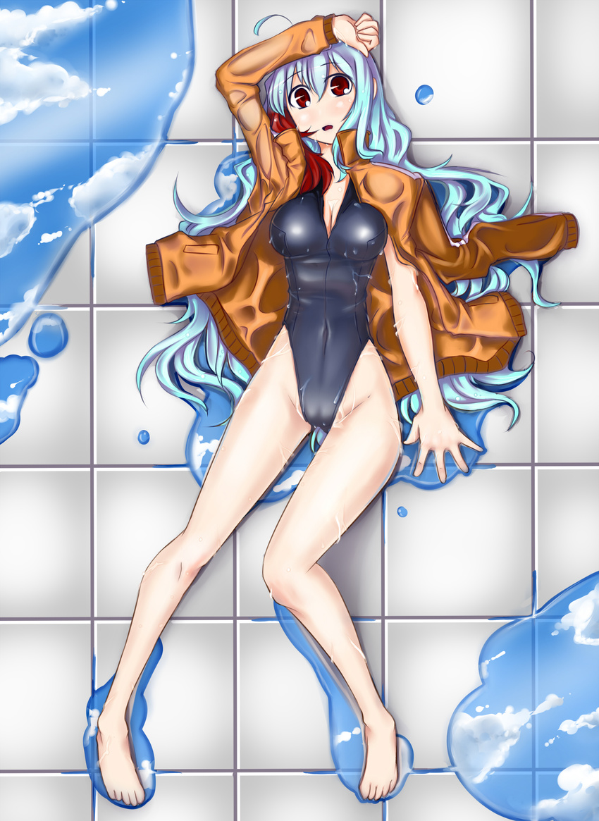 ahoge arm_up barefoot blue_hair cloud day hand_on_forehead highleg highleg_swimsuit highres jacket kawajuu legs long_hair lying on_back on_floor one-piece_swimsuit original puddle red_eyes reflection sky solo swimsuit swimsuit_under_clothes wet