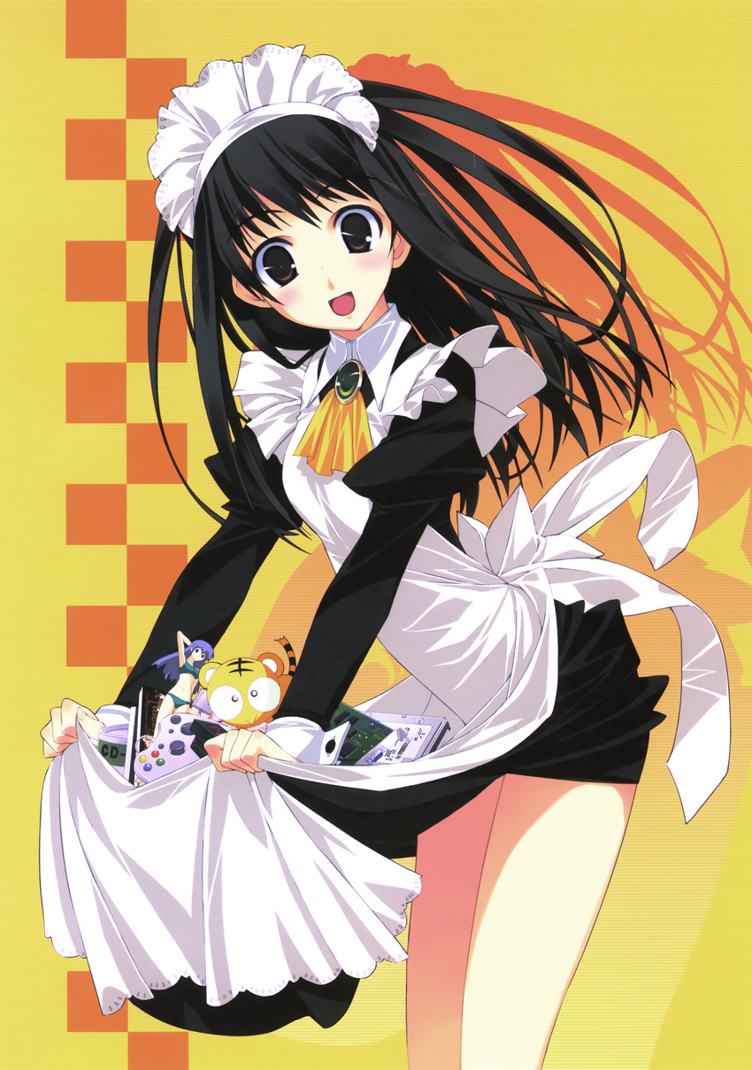 :d absurdres apron apron_basket black_eyes black_hair book cat circuit_board controller cowboy_shot drop_shadow eyebrows_visible_through_hair figure game_controller hard_drive headdress highres horizontal-striped_background jewelry long_hair long_sleeves looking_at_viewer maid maid_headdress murakami_suigun open_mouth orange_background original pendant puffy_sleeves raised_eyebrows silhouette skirt skirt_basket skirt_lift smile solo yellow_background