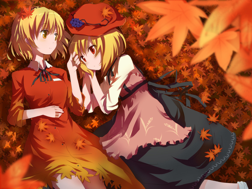 aki_minoriko aki_shizuha apron autumn blonde_hair choker dress food fruit gochou_(atemonai_heya) grapes hair_ornament hair_twirling hat highres leaf leaf_hair_ornament lying maple_leaf multiple_girls on_back red_eyes revision ribbon_choker short_hair touhou yellow_eyes