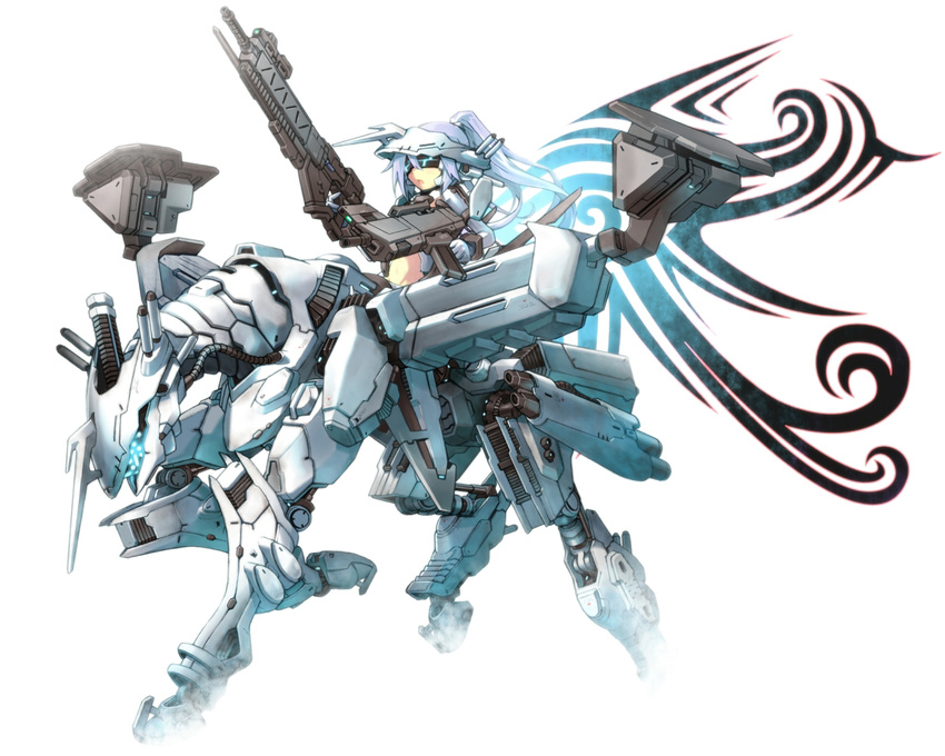 armored_core armored_core:_for_answer dual_wielding grey_hair gun holding mecha mecha_musume ponytail riding roke solo visor weapon white_glint