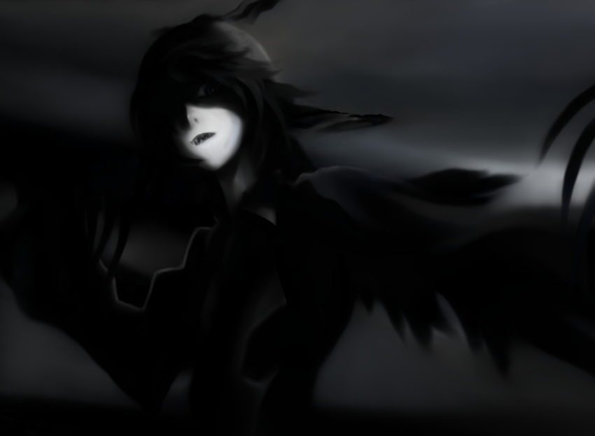 dark futon_(kitsune_tsuki) greyscale hat horror_(theme) monochrome mystia_lorelei solo teeth touhou wings