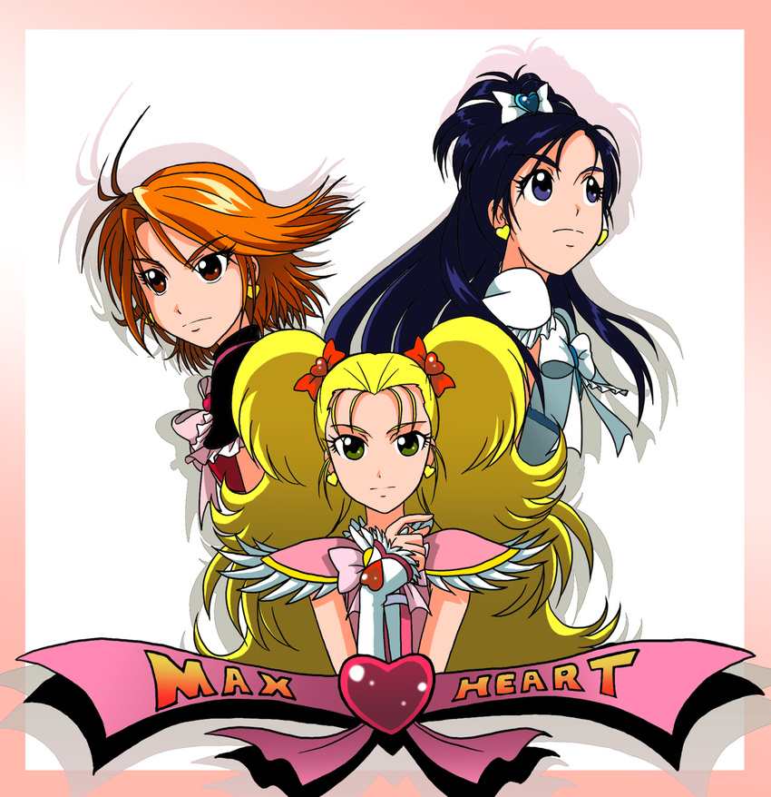 black_hair blonde_hair blue_eyes brooch brown_eyes brown_hair copyright_name cure_black cure_white earrings eyelashes futari_wa_precure futari_wa_precure_max_heart green_eyes half_updo heart highres jewelry kakkii kujou_hikari long_hair magical_girl misumi_nagisa multiple_girls precure ribbon shiny_luminous short_hair twintails yukishiro_honoka